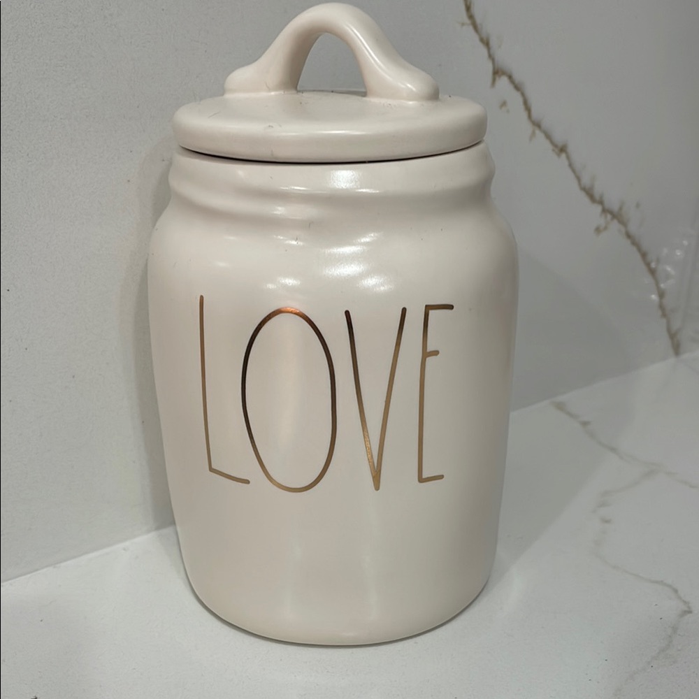 RAE DUNN ceramic canister in cream with charming gold LOVE